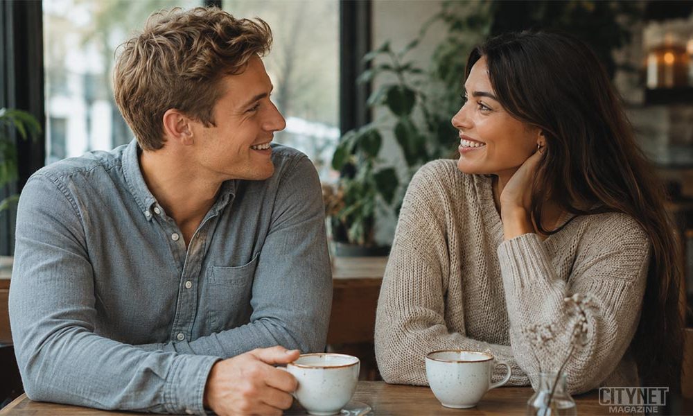 Couple at a coffee shop enjoying a date