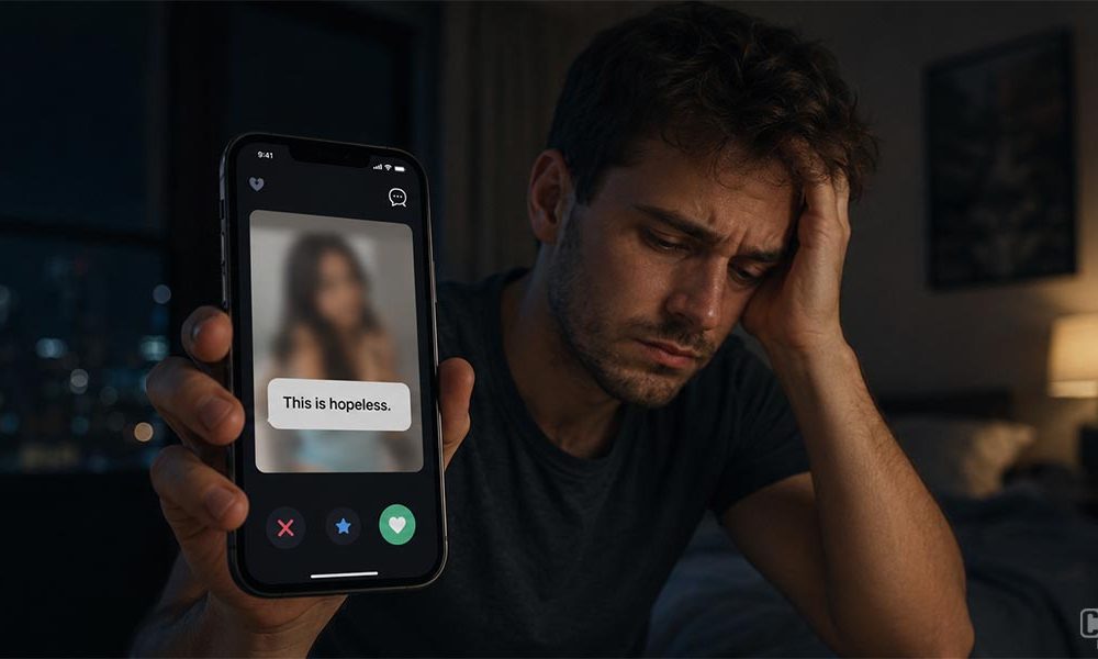 Disappointed guy trying to find a date on a dating up.