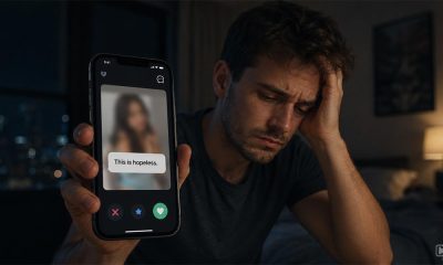 Disappointed guy trying to find a date on a dating up.