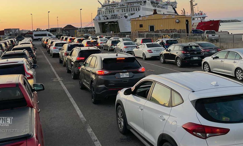 Cars lining up, ready to go on a boat.