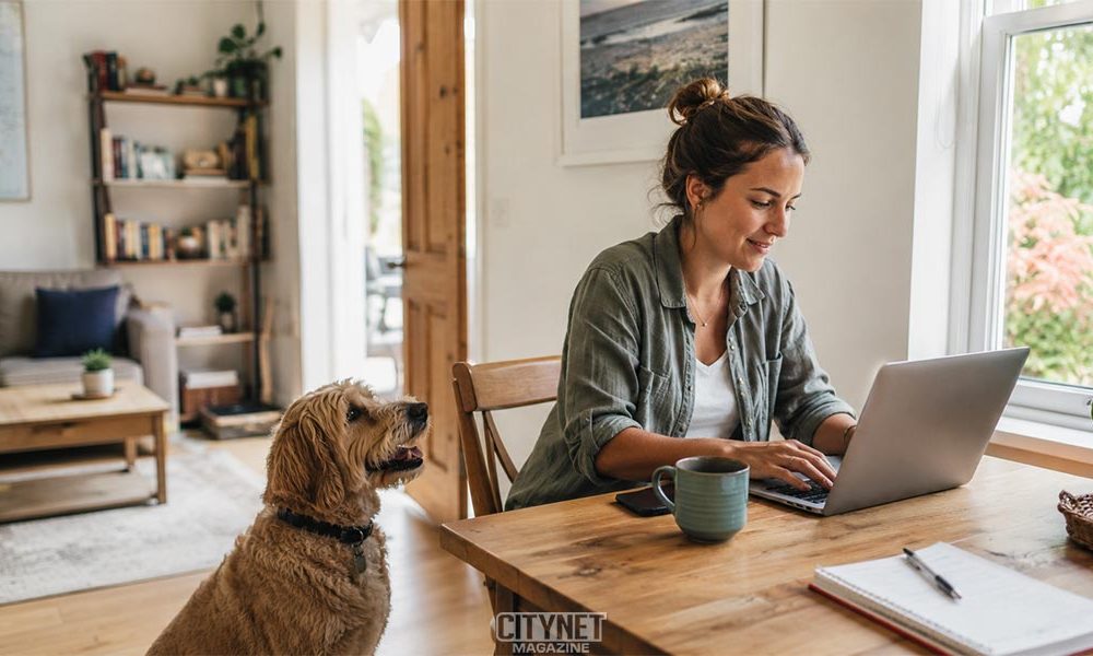Woman digital nomad pet sitting