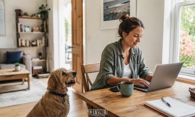 Woman digital nomad pet sitting