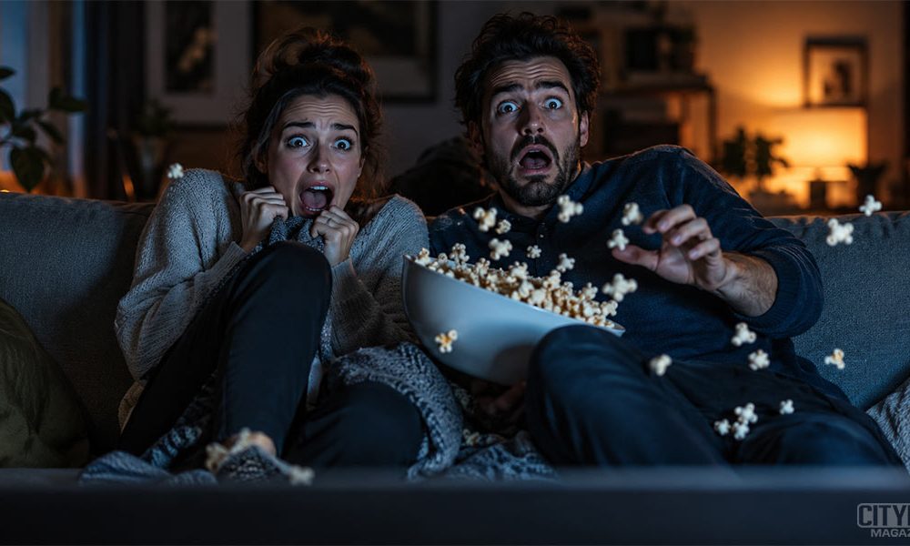 Scared couple jumping out of their seat while watching a horror movie