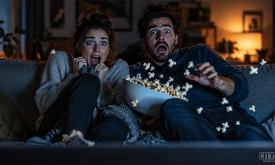 Scared couple jumping out of their seat while watching a horror movie